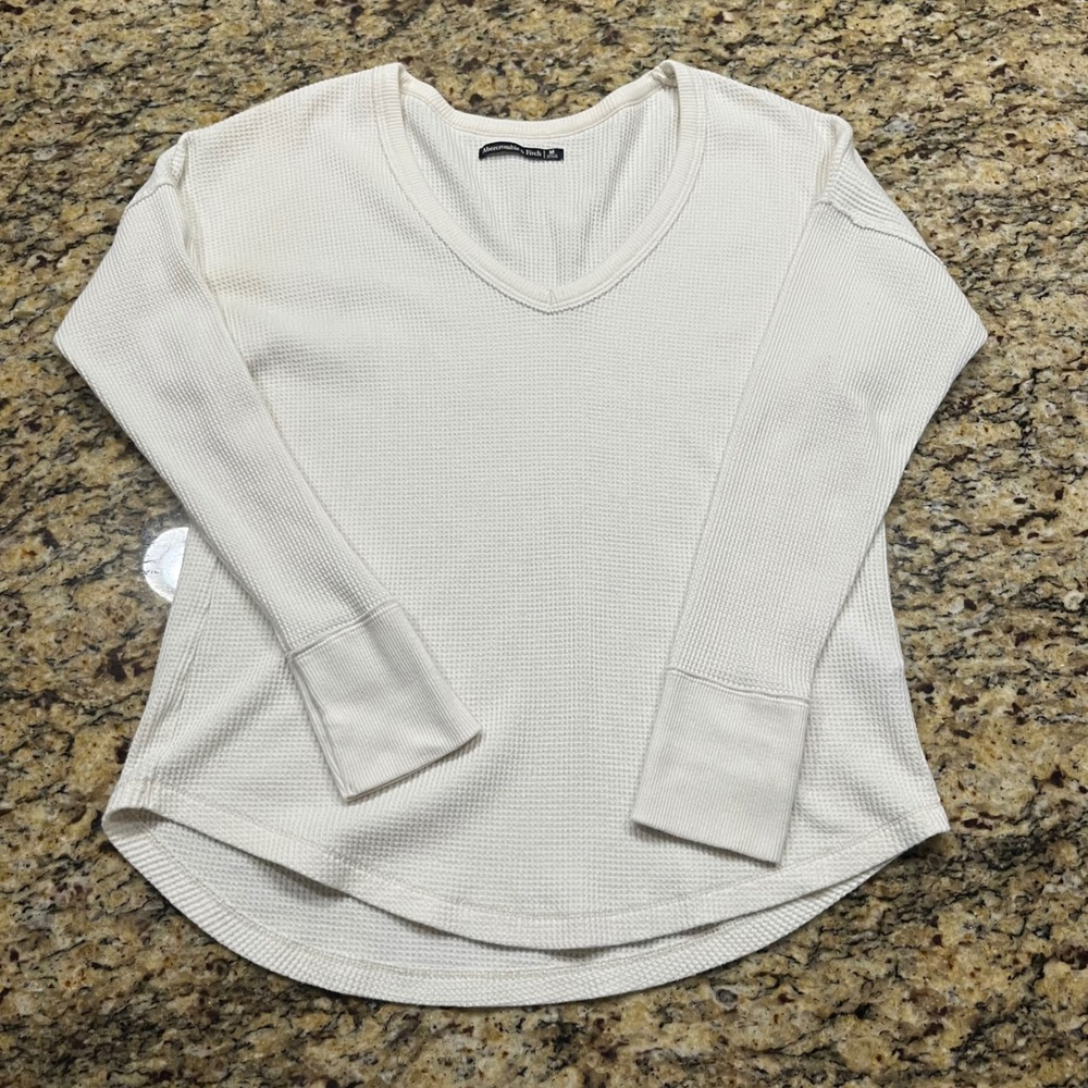 Abercrombie & Fitch Womens Waffle Knit V-Neck Thermal Top Cream White Medium
